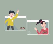 Afbeelding Digitaal op bezoek: jongen en meisje in webbrowser zwaaien naar elkaar