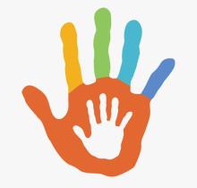 Logo handige handjes app: een grote hand met de kleuren van de regenboog een klein handje er in