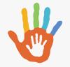 Logo handige handjes app: een grote hand met de kleuren van de regenboog een klein handje er in